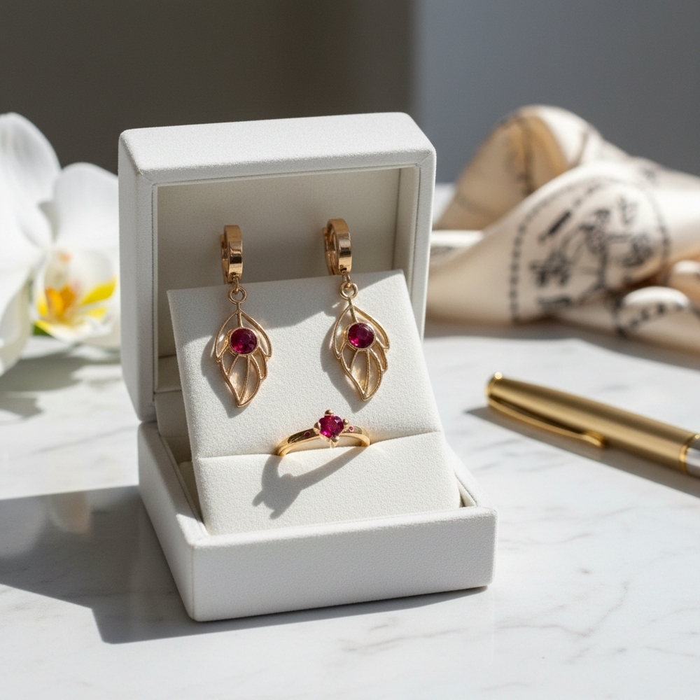 Gold-Plated Stainless Steel Leaf Earrings & Ring Set ✨ Red Stone (Boxed)
